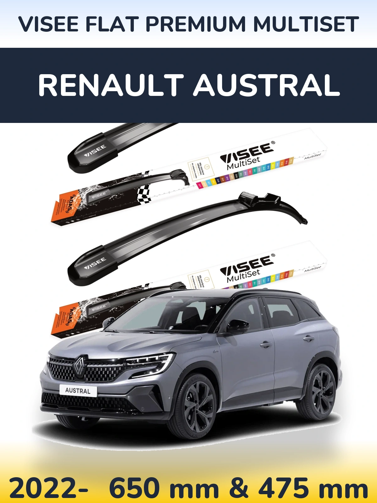 Front wiper blade set VISEE FLAT PREMIUM MultiSet 650 & 475 mm for Renault Austral 2022-2026