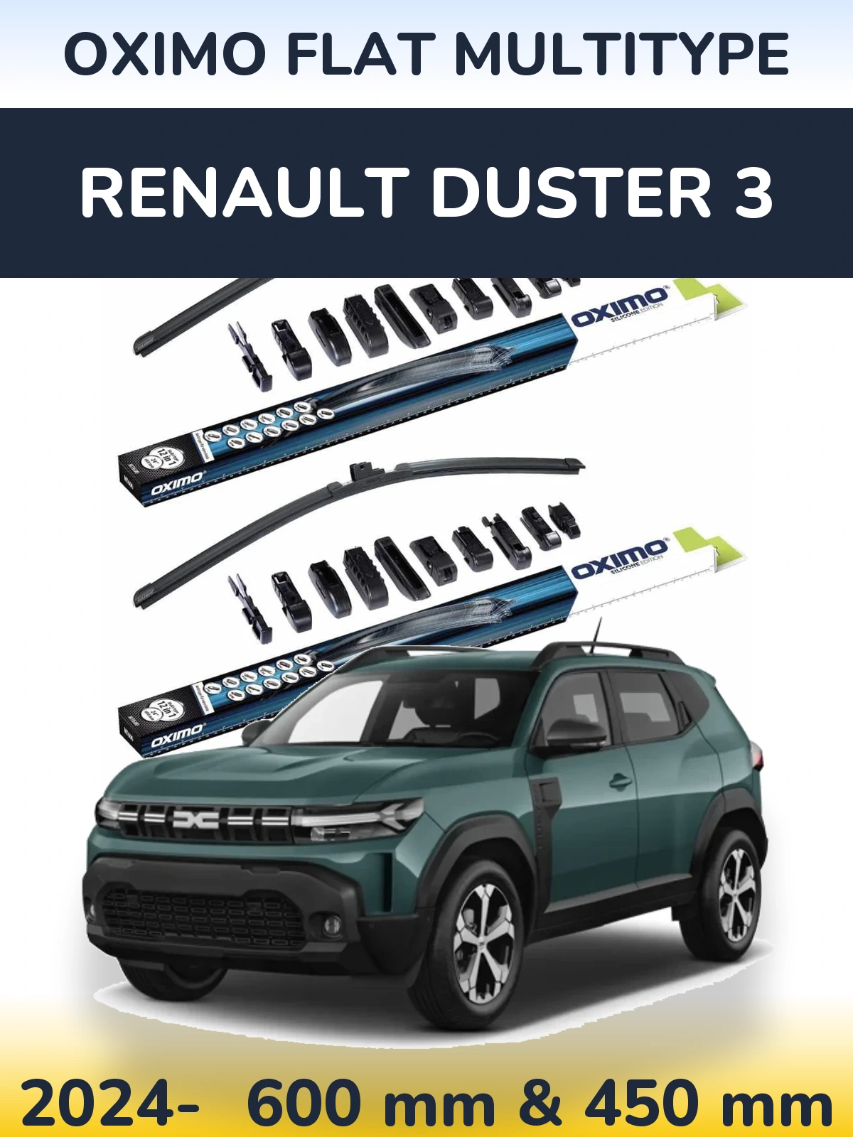 Front wiper blade set Oximo Flat MultiTipoe 600 & 450 mm for Renault Duster 3 2024-2026
