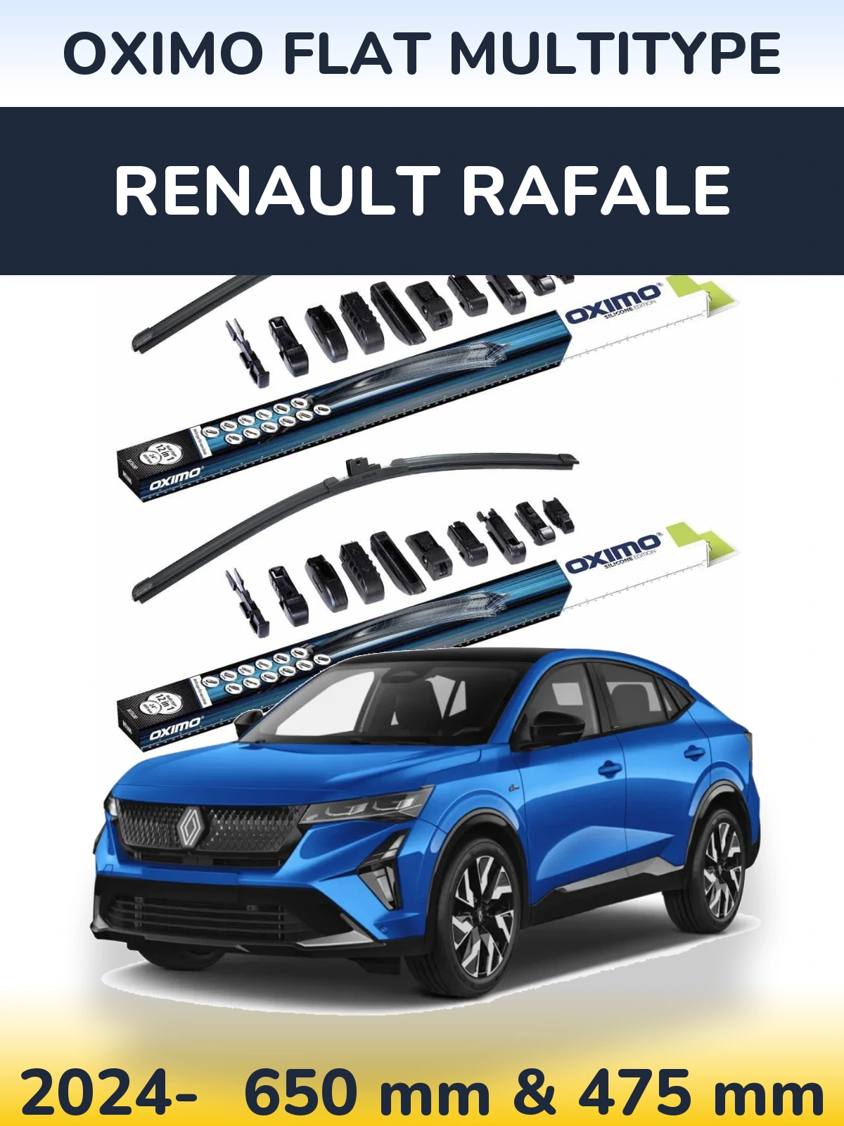 Front wiper blade set Oximo Flat MultiTipoe 650 & 475 mm for Renault Rafale 2024-2026