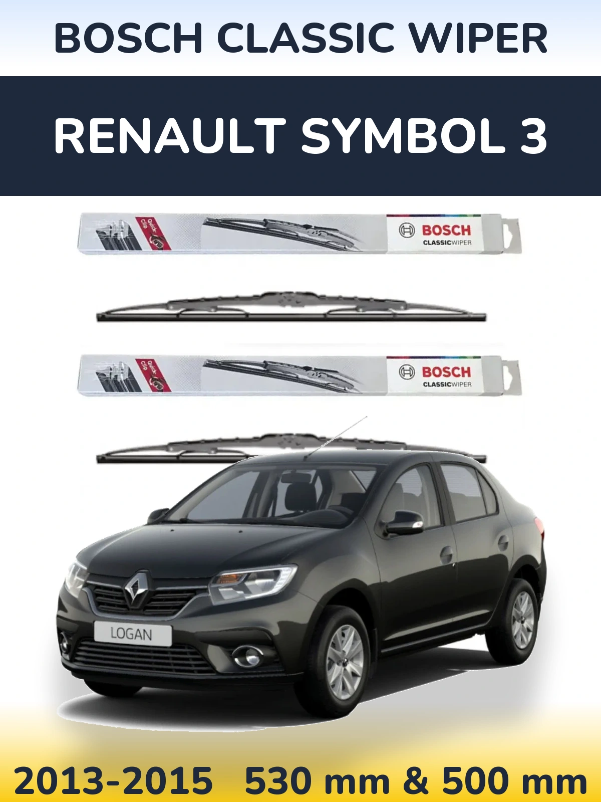 Front wiper blade set BOSCH Classic Wiper 530 & 500 mm for Renault Symbol 3 2013-2015