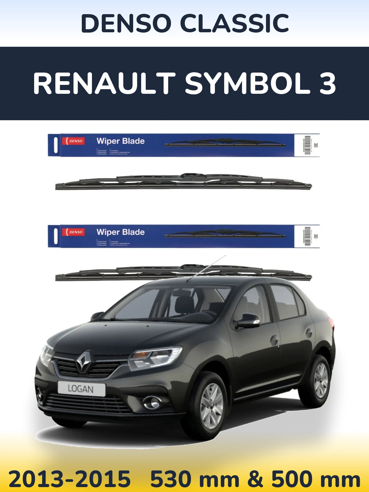Front wiper blade set Denso Classic 530 & 500 mm for Renault Symbol 3 2013-2015