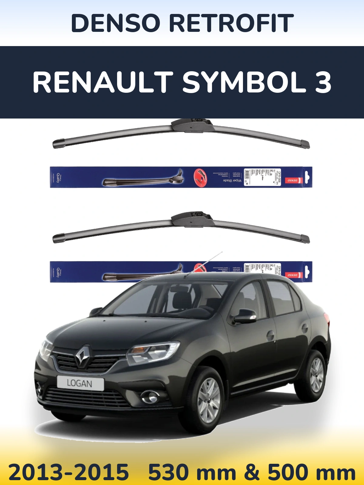 Front wiper blade set Denso Retrofit 530 & 500 mm for Renault Symbol 3 2013-2015