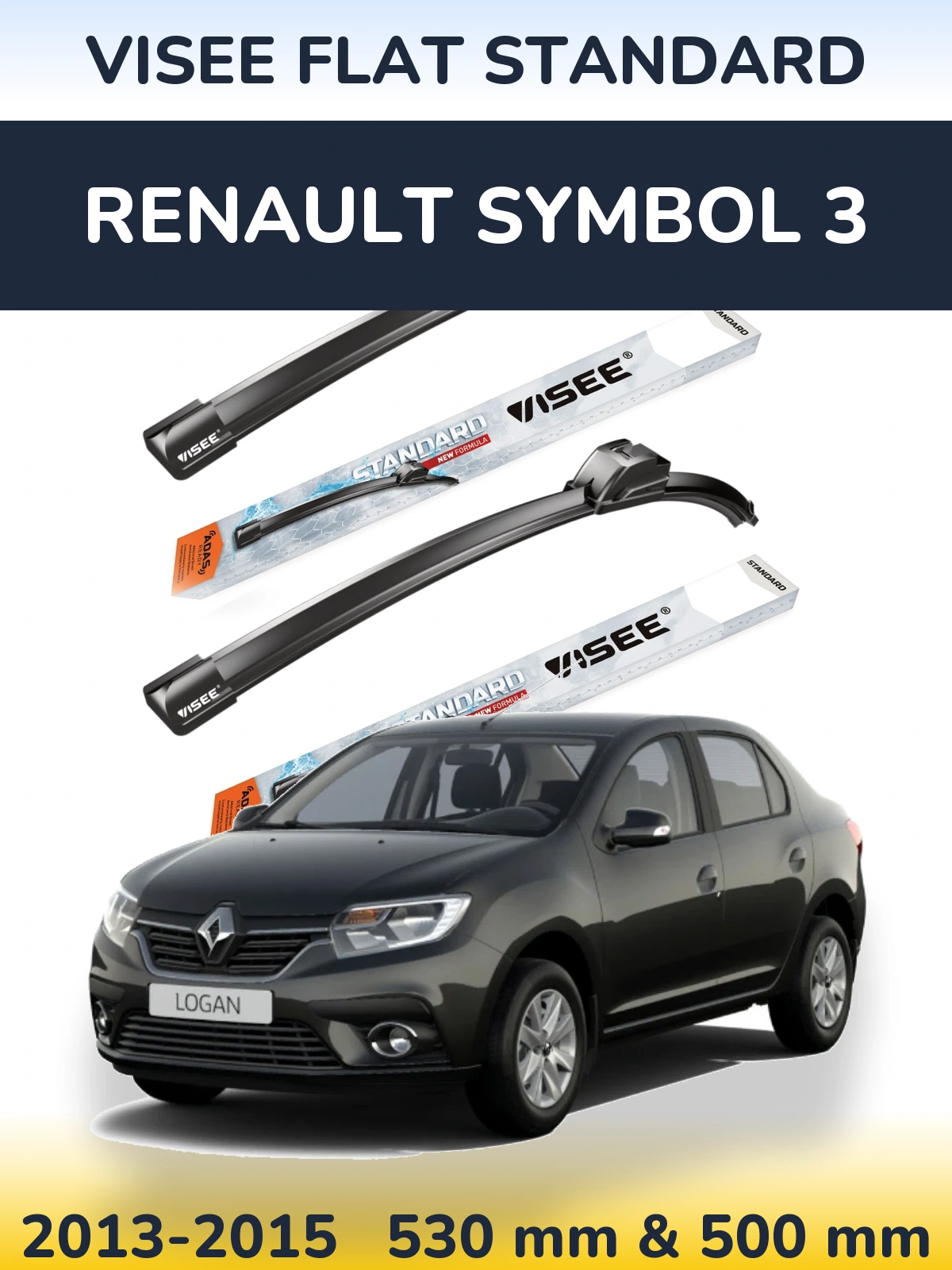 Front wiper blade set VISEE FLAT STANDARD 530 & 500 mm for Renault Symbol 3 2013-2015