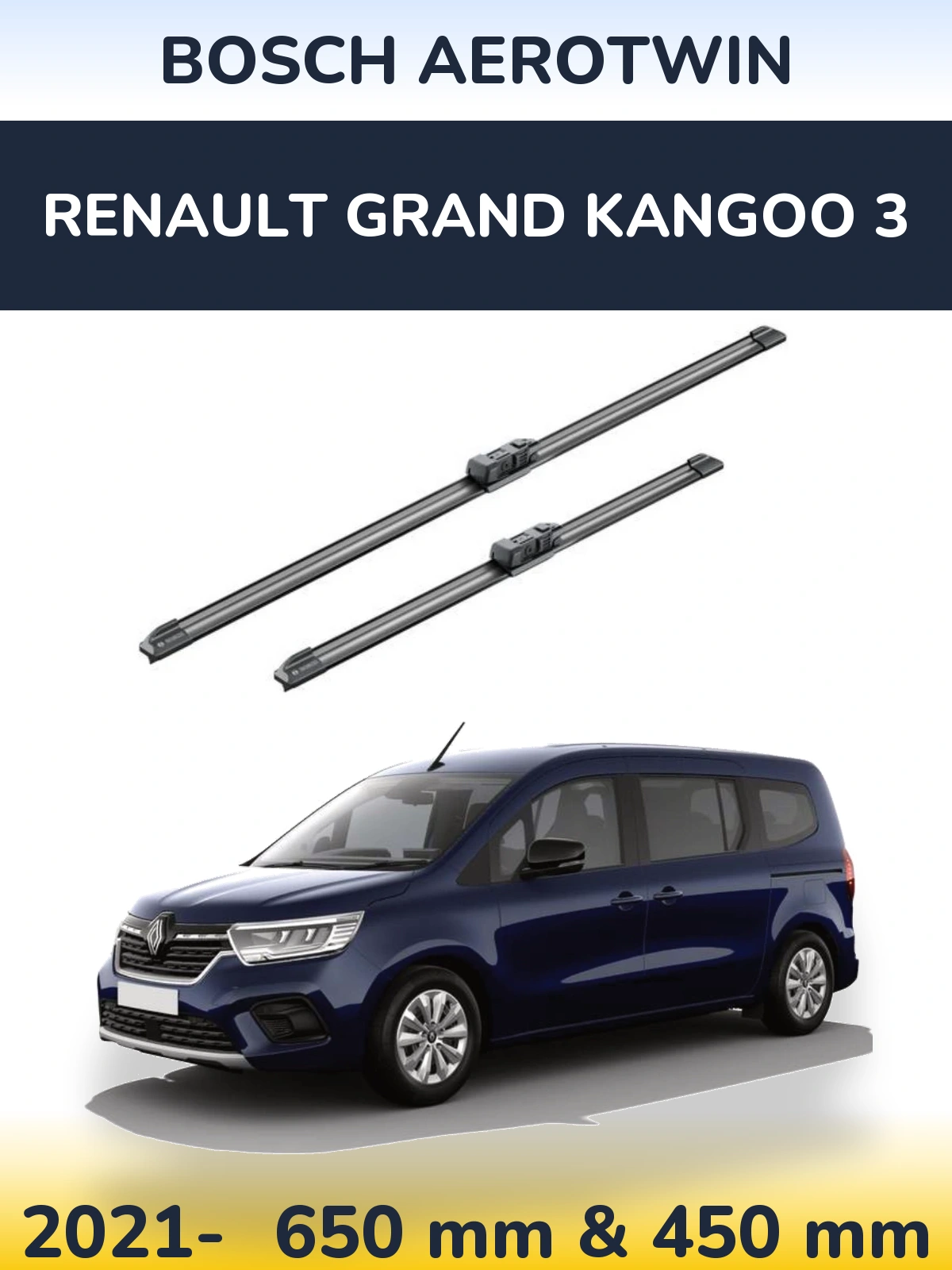 Комплект передних дворников BOSCH AeroTwin 650 & 450 мм для Renault Grand Kangoo 3 2021-2026