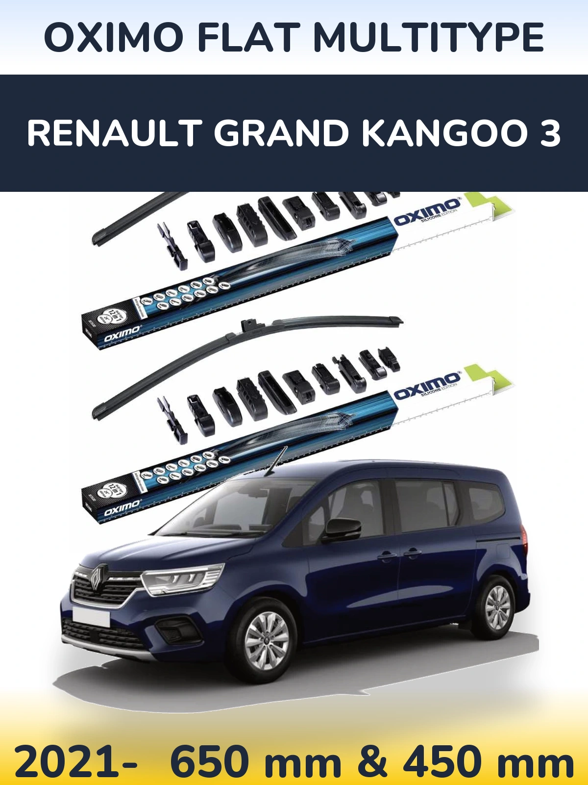 Front wiper blade set Oximo Flat MultiTipoe 650 & 450 mm for Renault Grand Kangoo 3 2021-2026