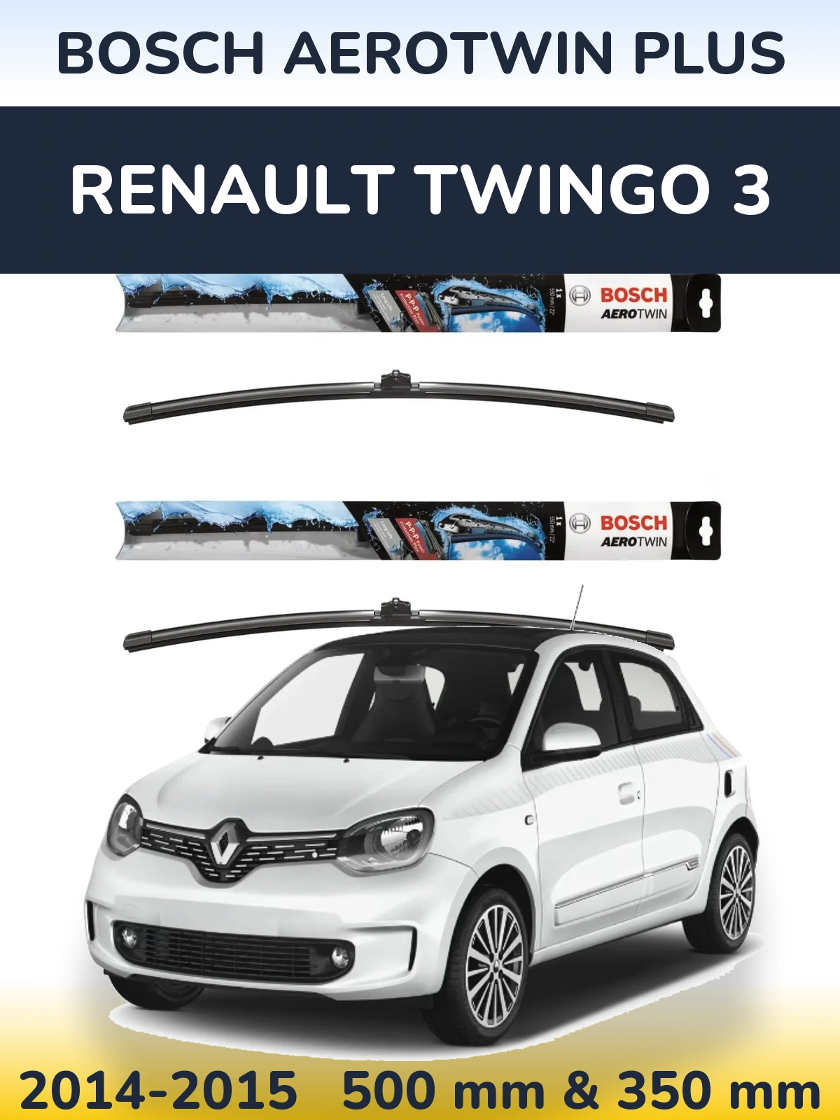 Front wiper blade set BOSCH AeroTwin Plus 500 & 350 mm for Renault Twingo 3 2014-2015