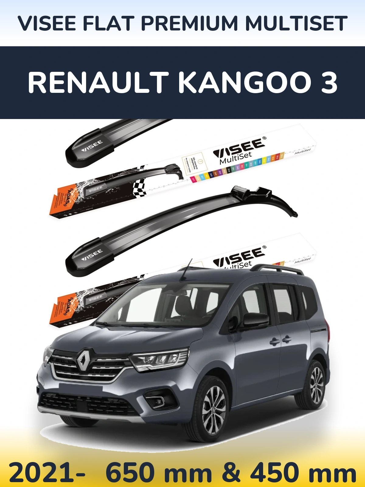 Front wiper blade set VISEE FLAT PREMIUM MultiSet 650 & 450 mm for Renault Kangoo 3 2021-2026
