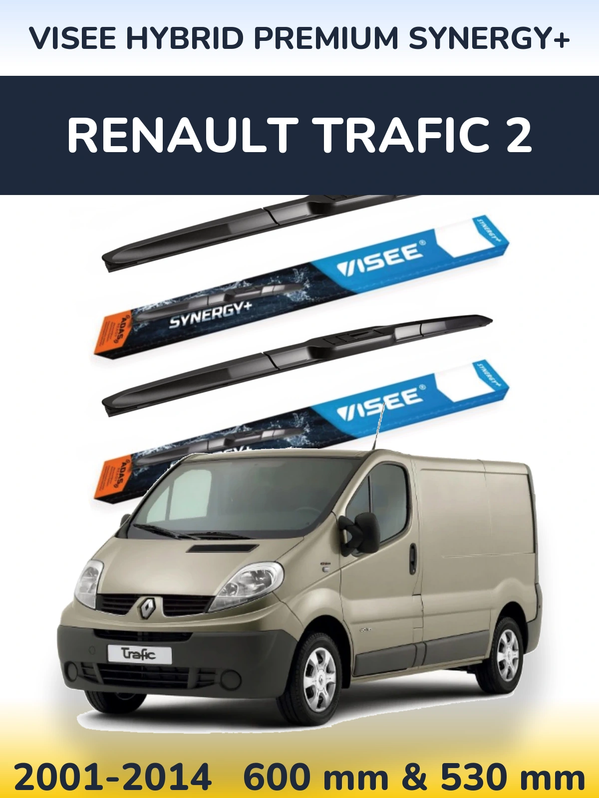 Front wiper blade set VISEE HYBRID PREMIUM SYNERGY+ 600 & 530 mm for Renault Trafic 2 2001-2014