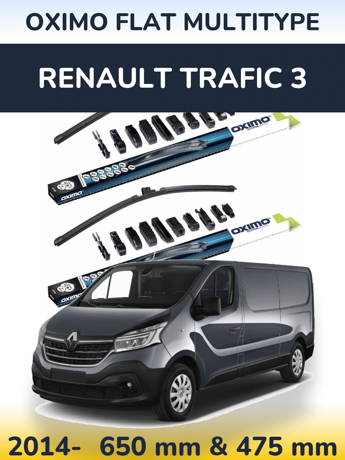 Front wiper blade set Oximo Flat MultiTipoe 650 & 475 mm for Renault Trafic 3 2014-2026