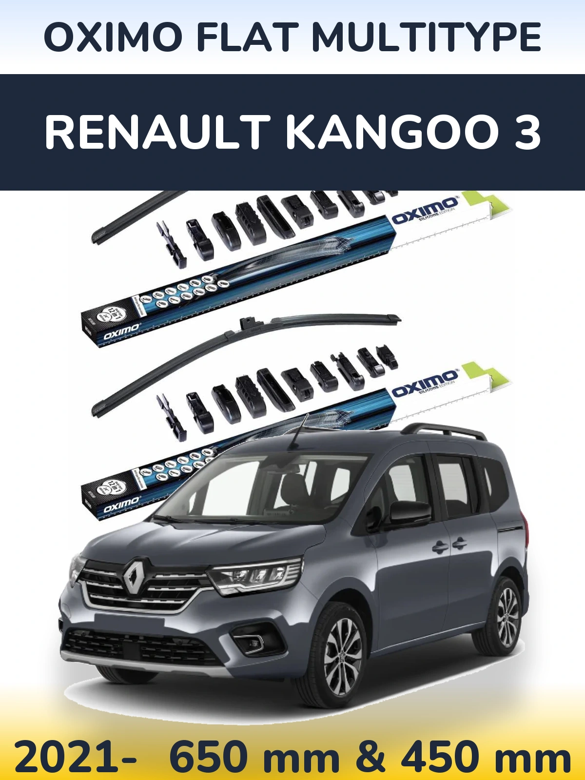 Front wiper blade set Oximo Flat MultiTipoe 650 & 450 mm for Renault Kangoo 3 2021-2026