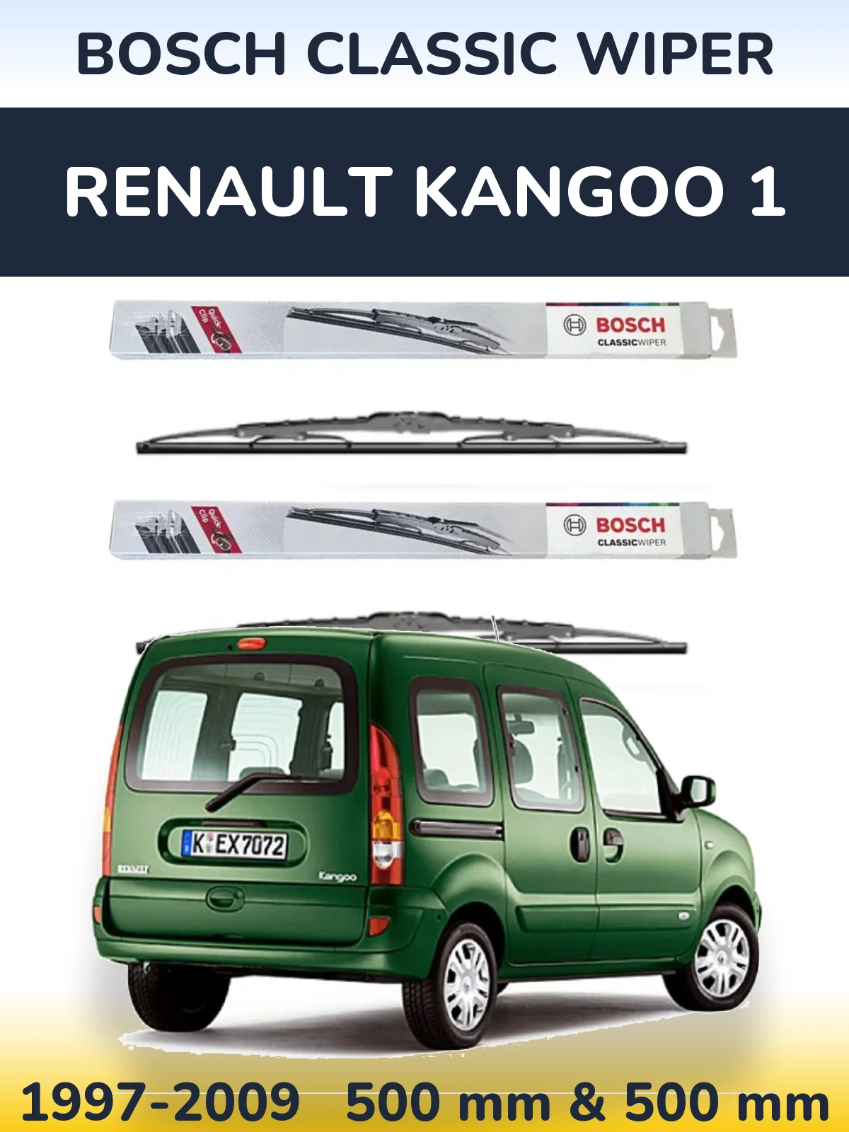 Front wiper blade set BOSCH Classic Wiper 500 & 500 mm for Renault Kangoo 1 1997-2009