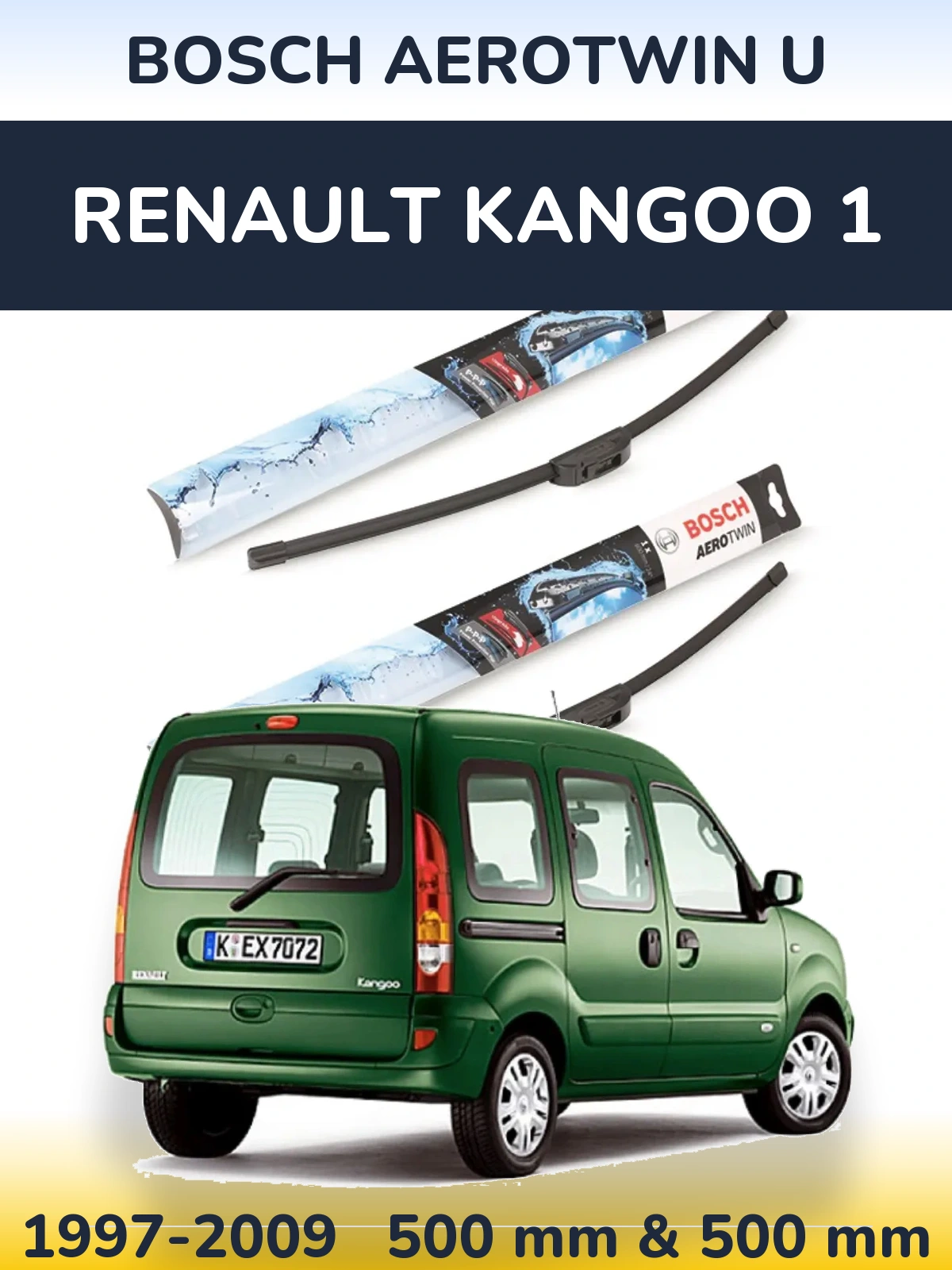Front wiper blade set BOSCH AeroTwin U 500 & 500 mm for Renault Kangoo 1 1997-2009