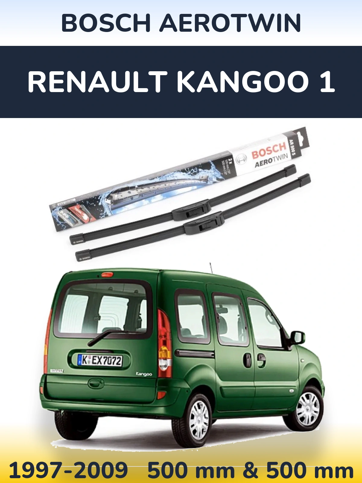 Front wiper blade set BOSCH AeroTwin 500 & 500 mm for Renault Kangoo 1 1997-2009