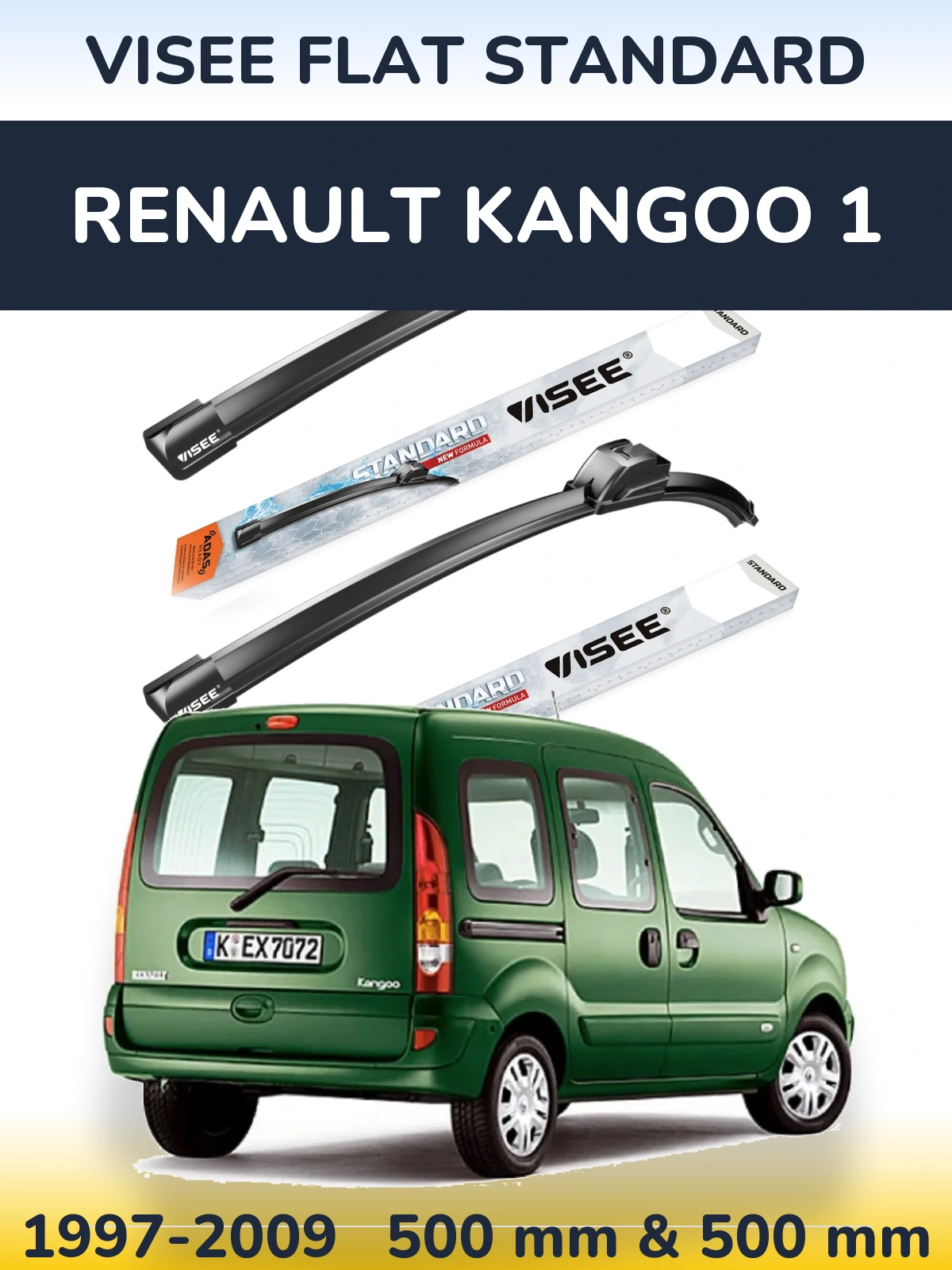 Front wiper blade set VISEE FLAT STANDARD 500 & 500 mm for Renault Kangoo 1 1997-2009