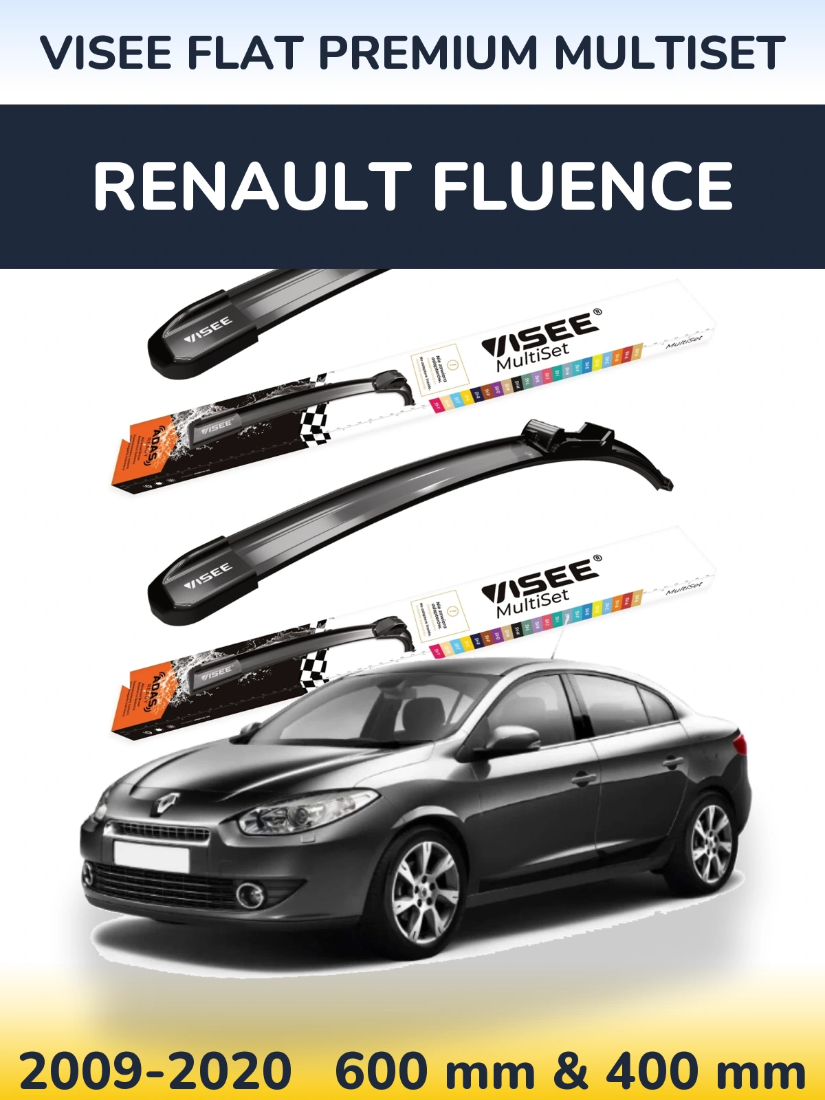 Front wiper blade set VISEE FLAT PREMIUM MultiSet 600 & 400 mm for Renault Fluence 2009-2020