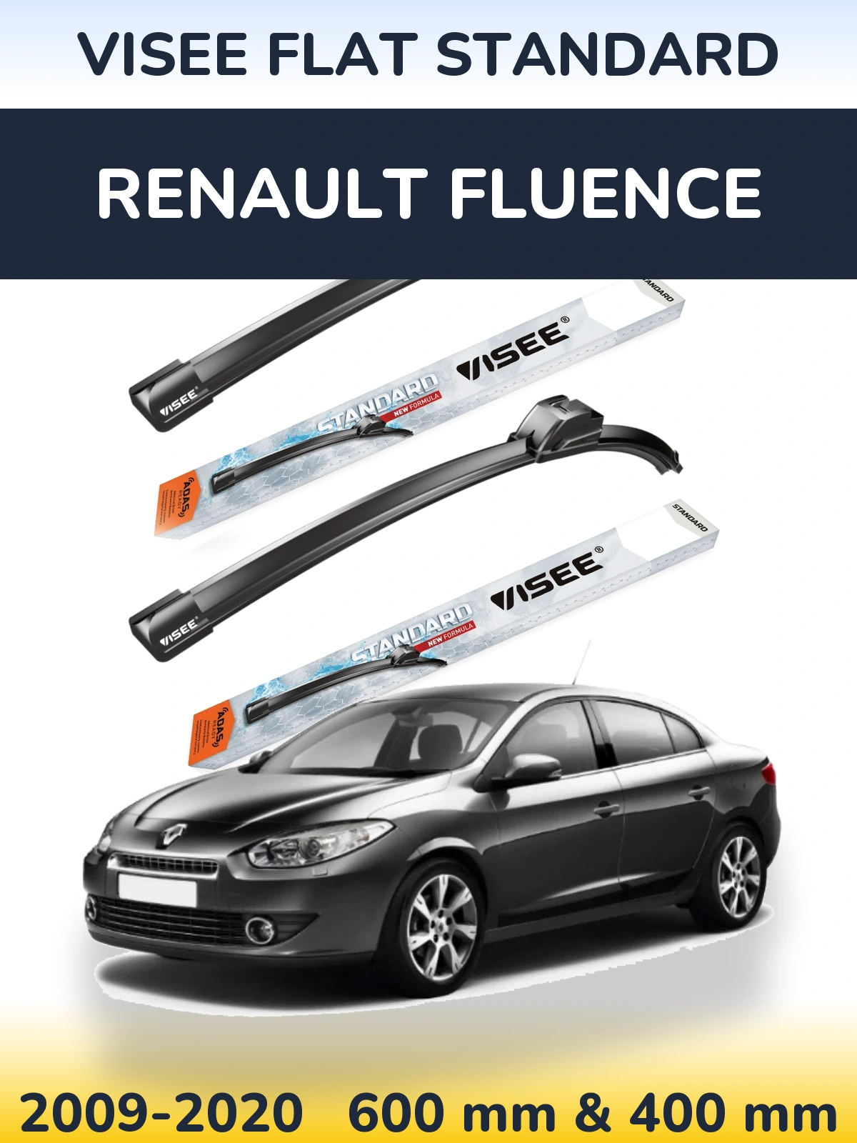 Комплект передніх щіток VISEE FLAT STANDARD 600 & 400 мм для Renault Fluence 2009-2020