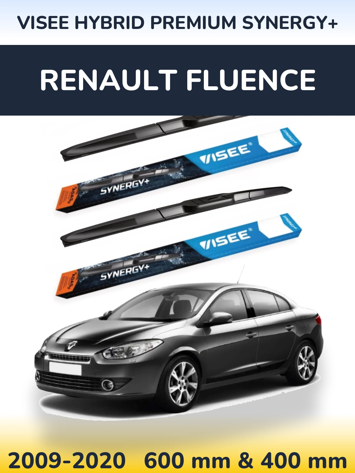 Front wiper blade set VISEE HYBRID PREMIUM SYNERGY+ 600 & 400 mm for Renault Fluence 2009-2020