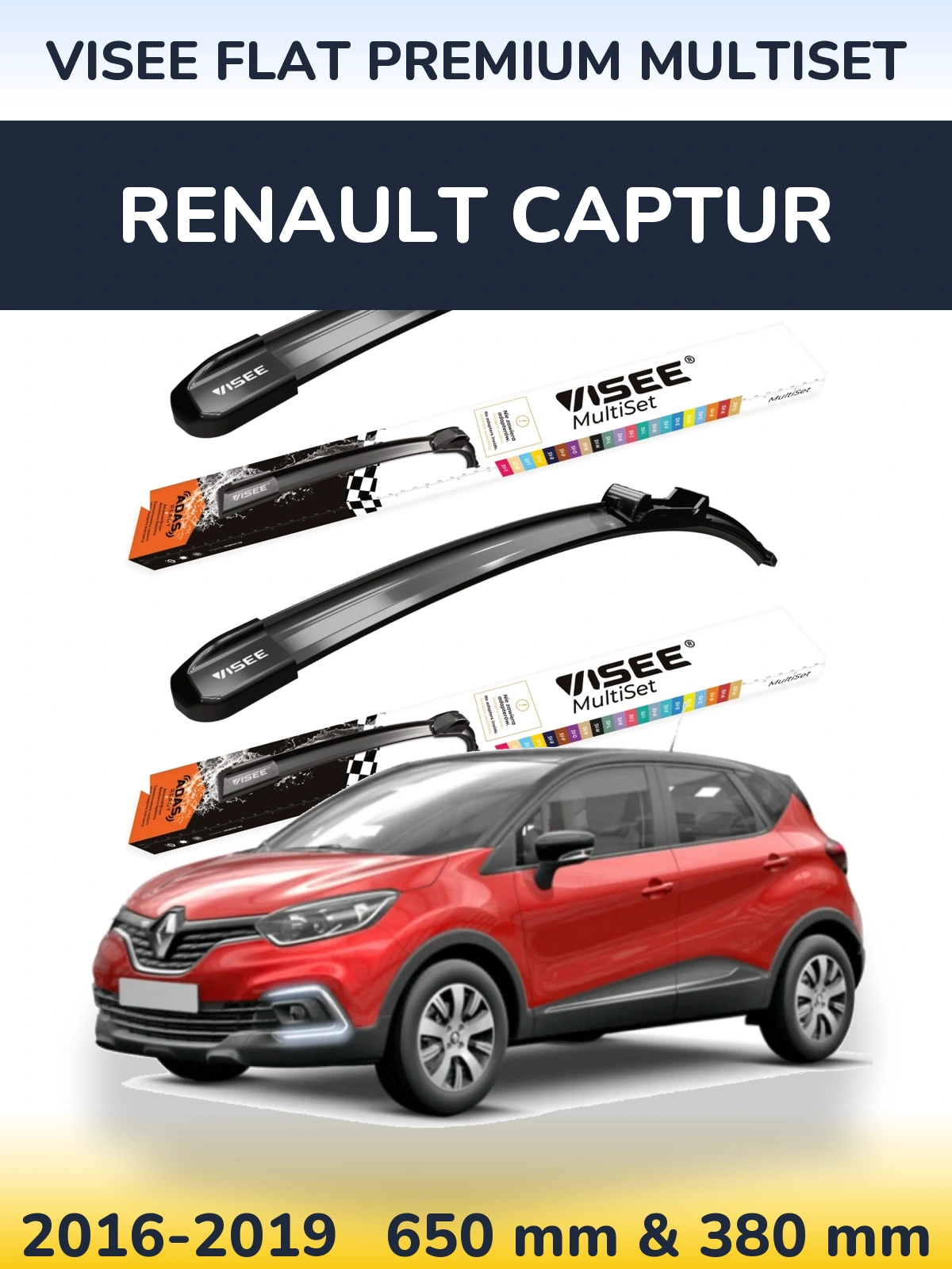 Front wiper blade set VISEE FLAT PREMIUM MultiSet 650 & 380 mm for Renault Captur 2016-2019