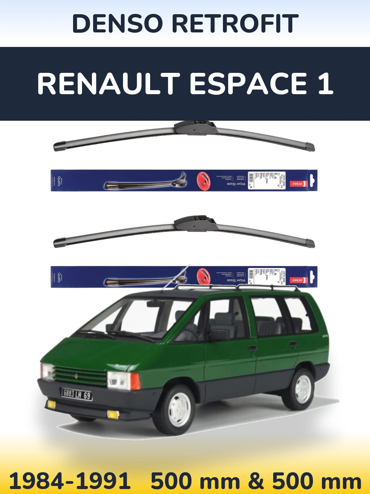 Front wiper blade set Denso Retrofit 500 & 500 mm for Renault Espace 1 1984-1991