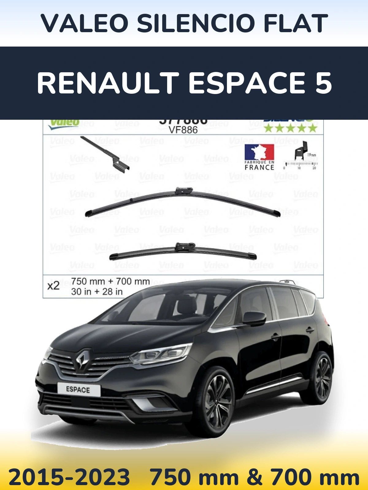 Front wiper blade set Valeo Silencio Flat 750 & 700 mm for Renault Espace 5 2015-2023