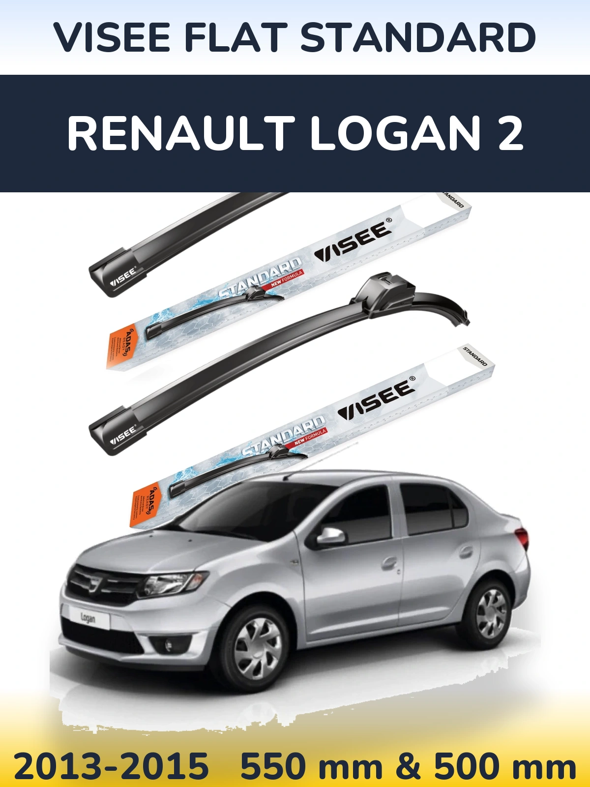 Front wiper blade set VISEE FLAT STANDARD 550 & 500 mm for Renault Logan 2 2013-2015
