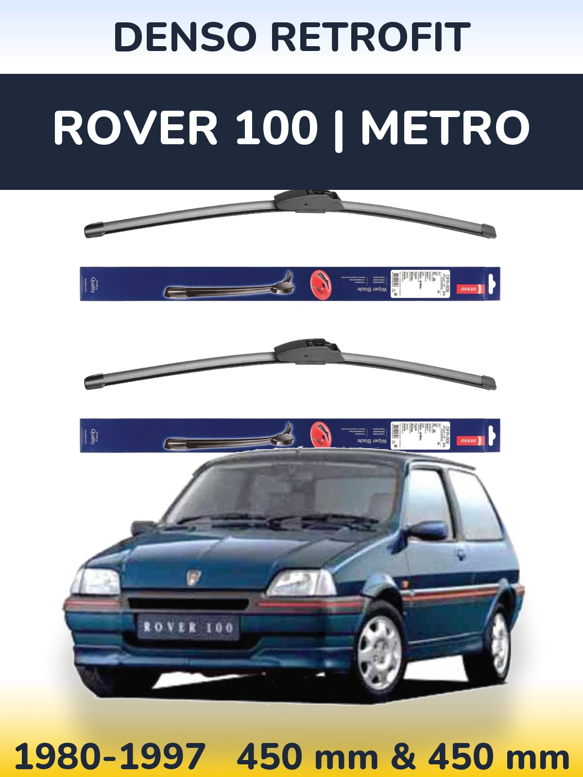 Front wiper blade set Denso Retrofit 450 & 450 mm for Rover 100 | Metro 1980-1997