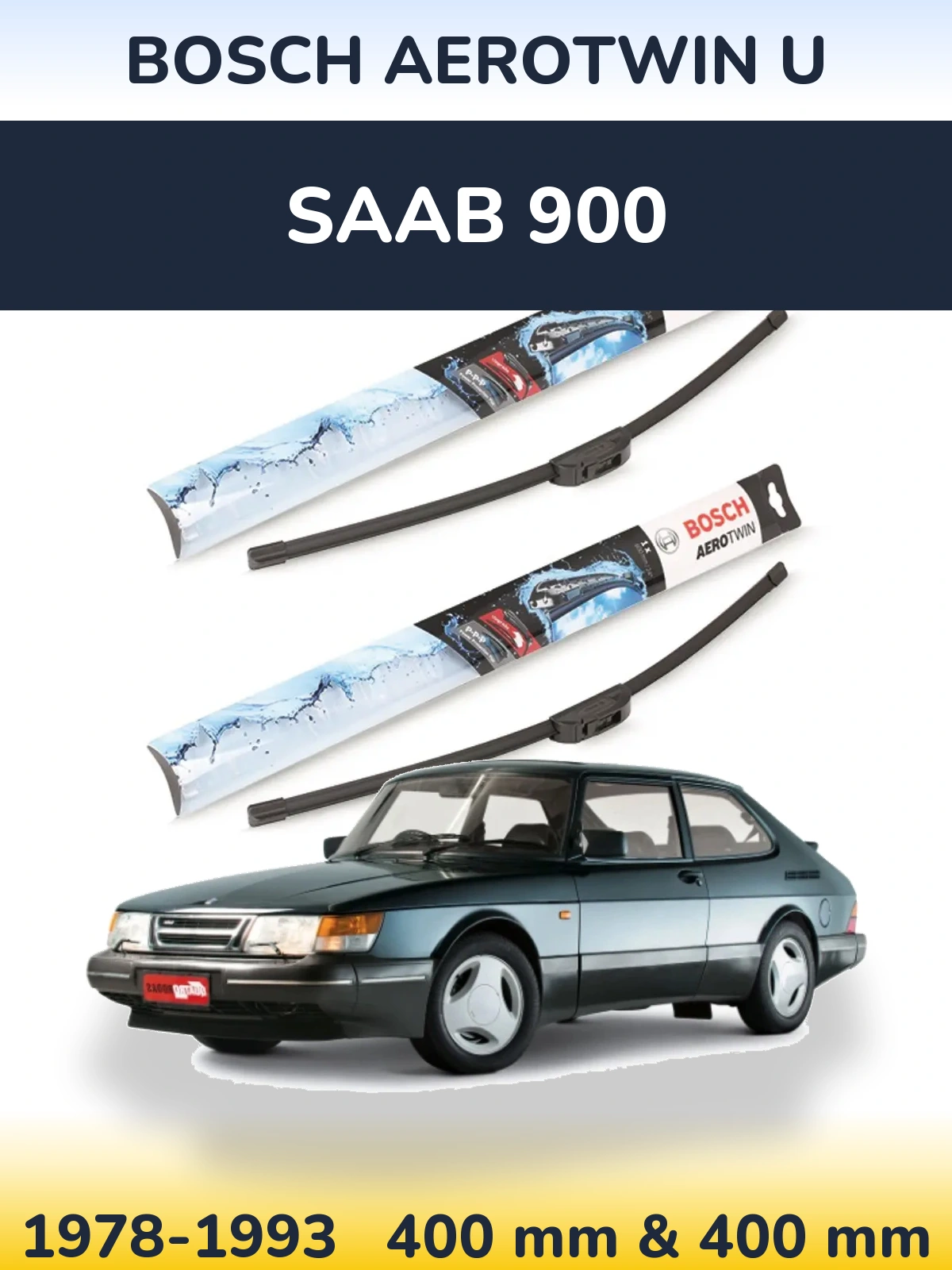 Front wiper blade set BOSCH AeroTwin U 400 & 400 mm for SAAB 900 1978-1993