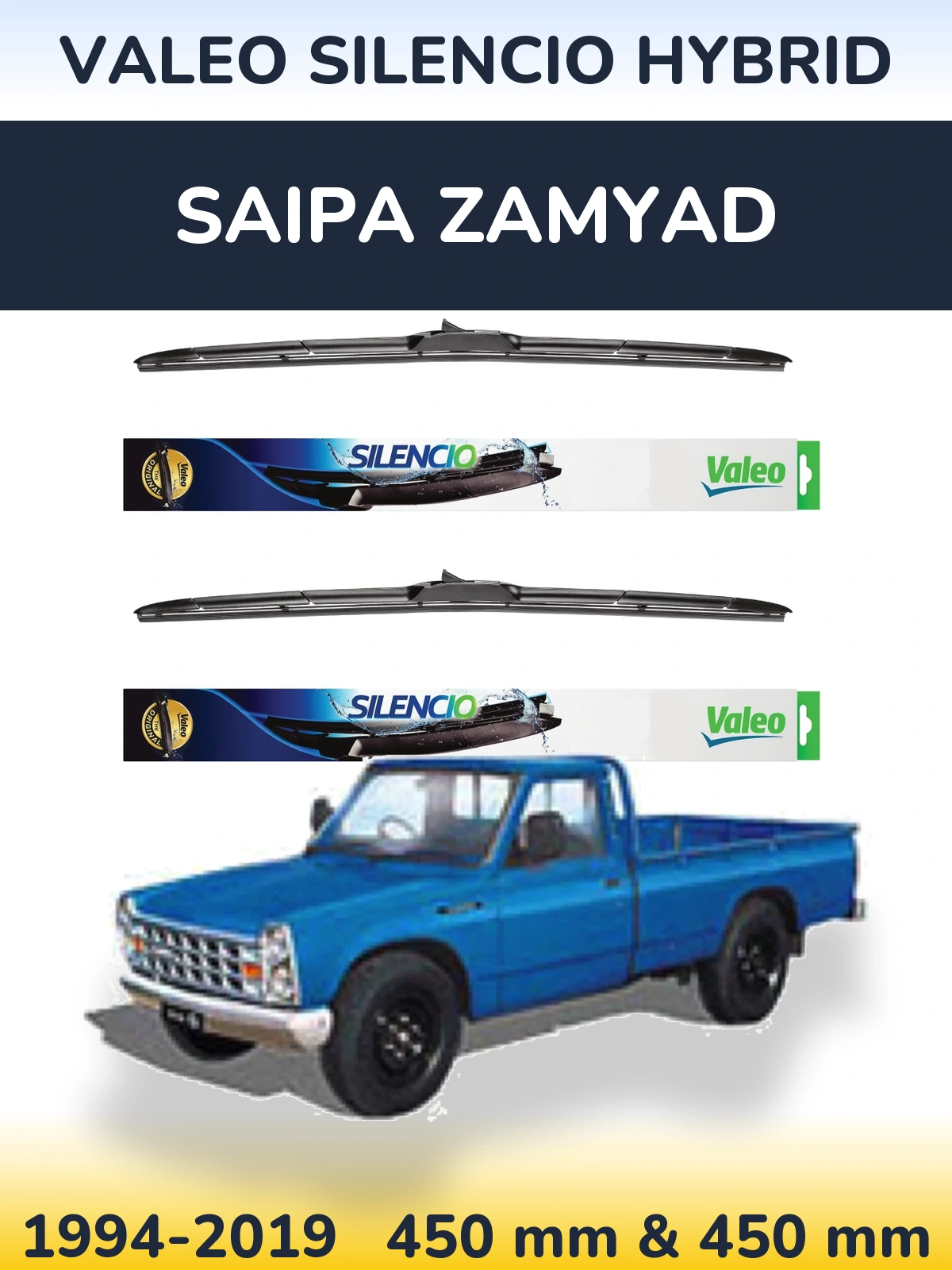 Front wiper blade set Valeo Silencio Hybrid 450 & 450 mm for Saipa Zamyad 1994-2019