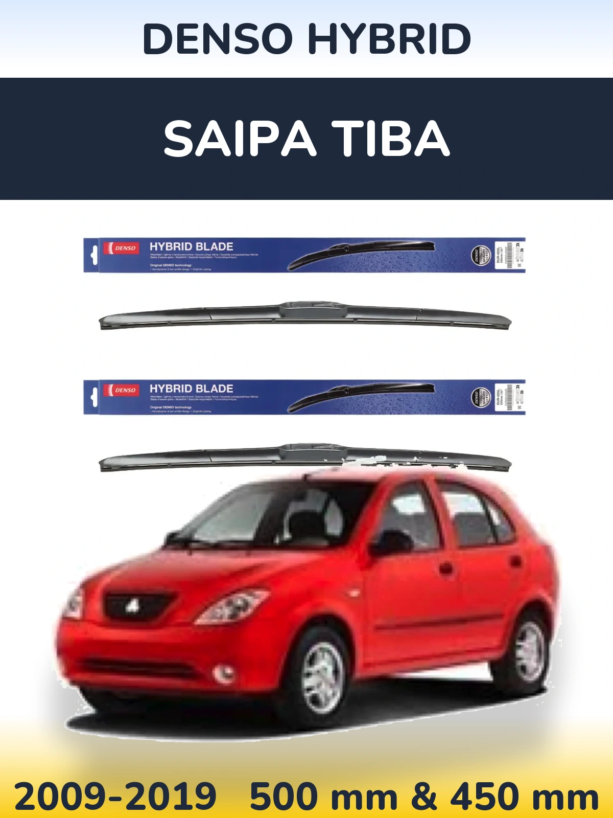 Front wiper blade set Denso Hybrid 500 & 450 mm for Saipa Tiba 2009-2019