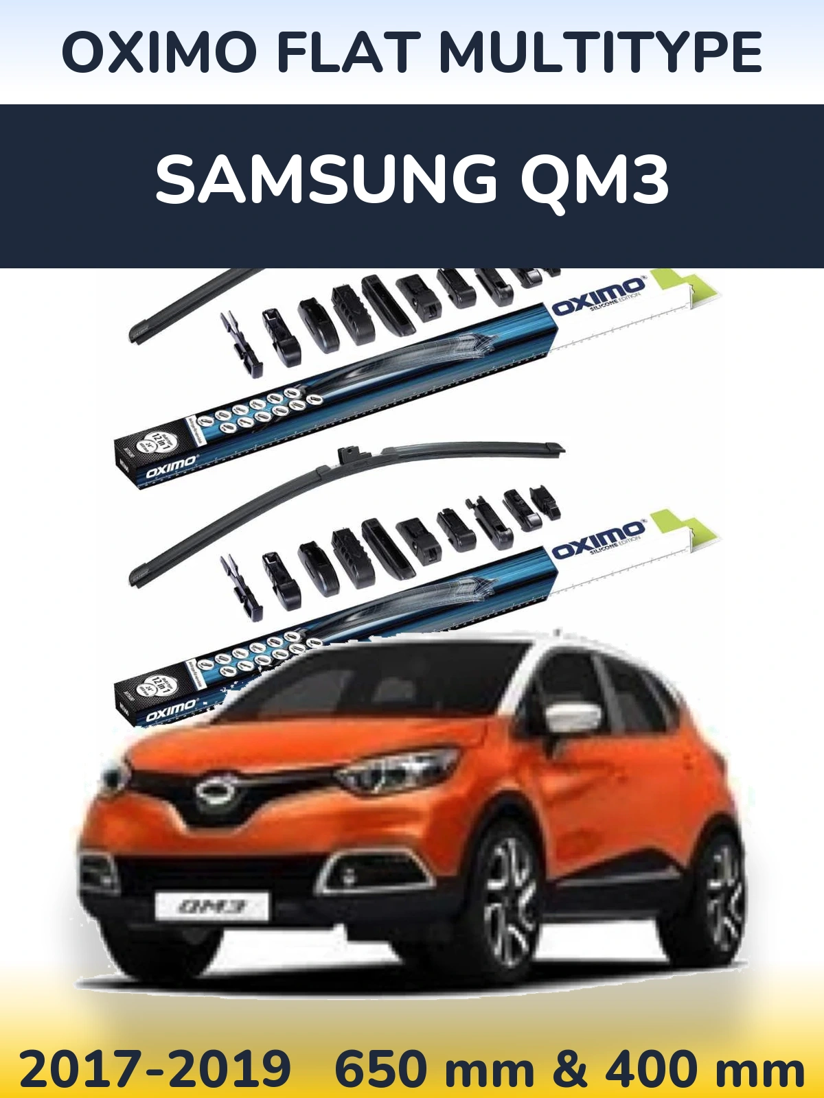 Front wiper blade set Oximo Flat MultiTipoe 650 & 400 mm for Samsung QM3 2017-2019