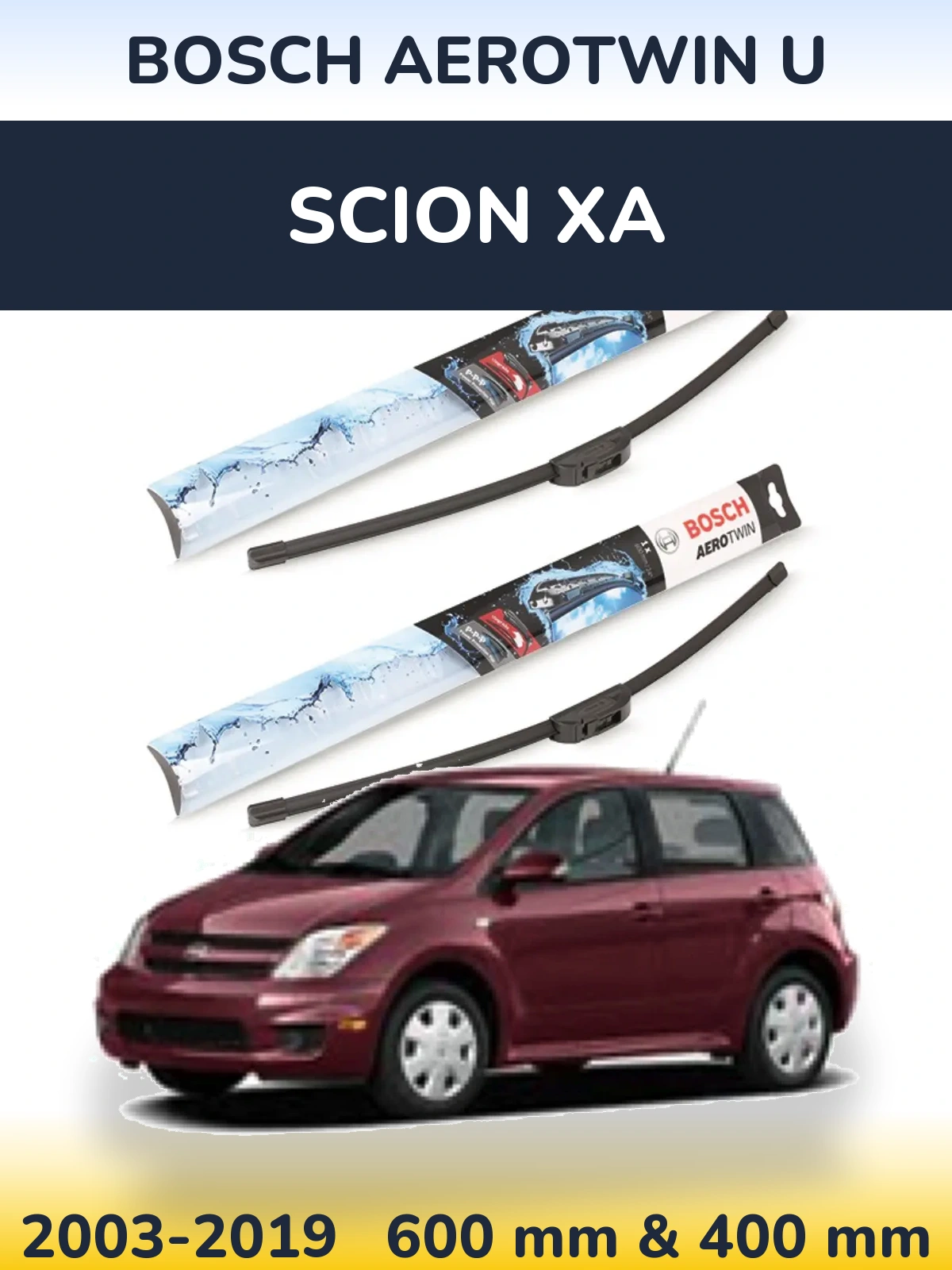 Front wiper blade set BOSCH AeroTwin U 600 & 400 mm for Scion xA 2003-2019