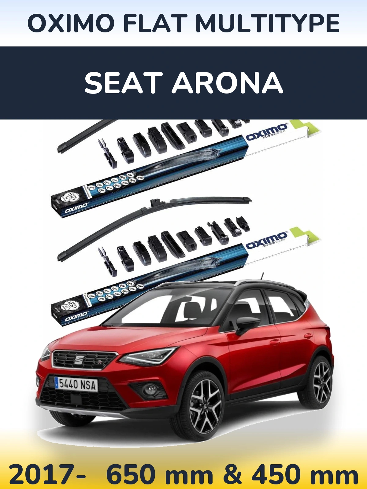 Front wiper blade set Oximo Flat MultiTipoe 650 & 450 mm for SEAT Arona 2017-2026