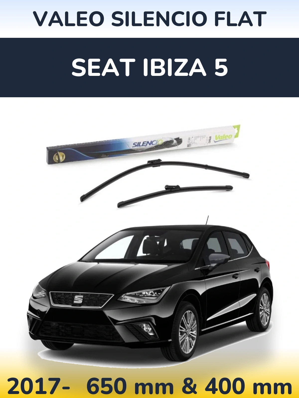 Front wiper blade set Valeo Silencio Flat 650 & 400 mm for SEAT Ibiza 5 2017-2026