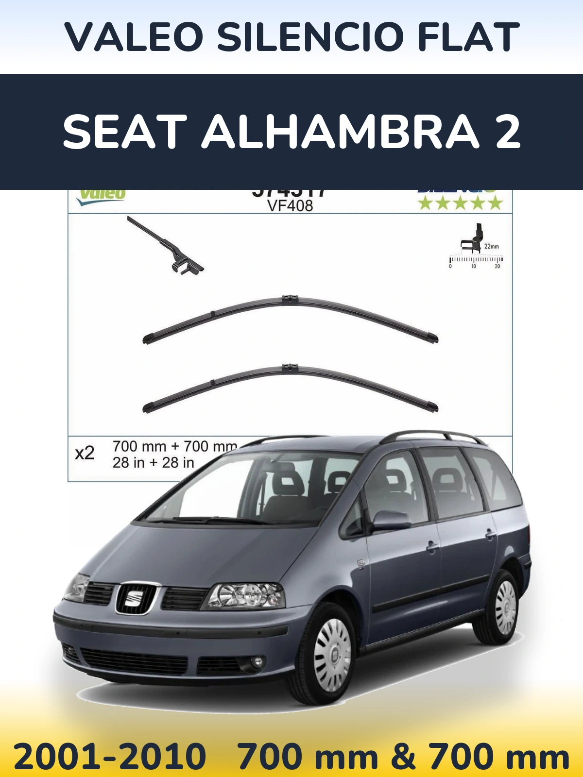 Front wiper blade set Valeo Silencio Flat 700 & 700 mm for SEAT Alhambra 2 2001-2010
