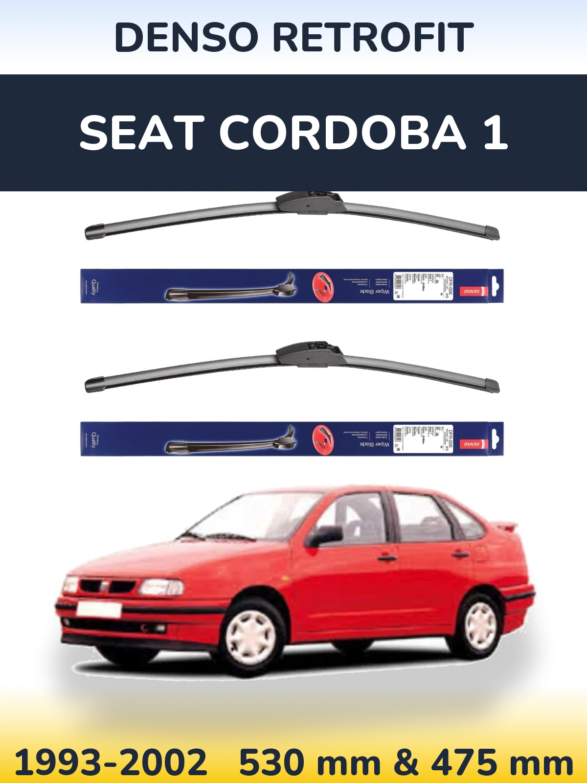 Front wiper blade set Denso Retrofit 530 & 475 mm for SEAT Cordoba 1 1993-2002
