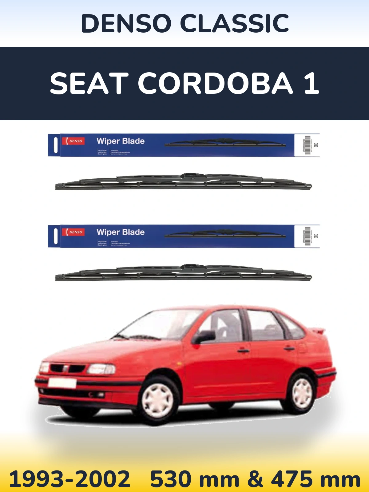 Front wiper blade set Denso Classic 530 & 475 mm for SEAT Cordoba 1 1993-2002