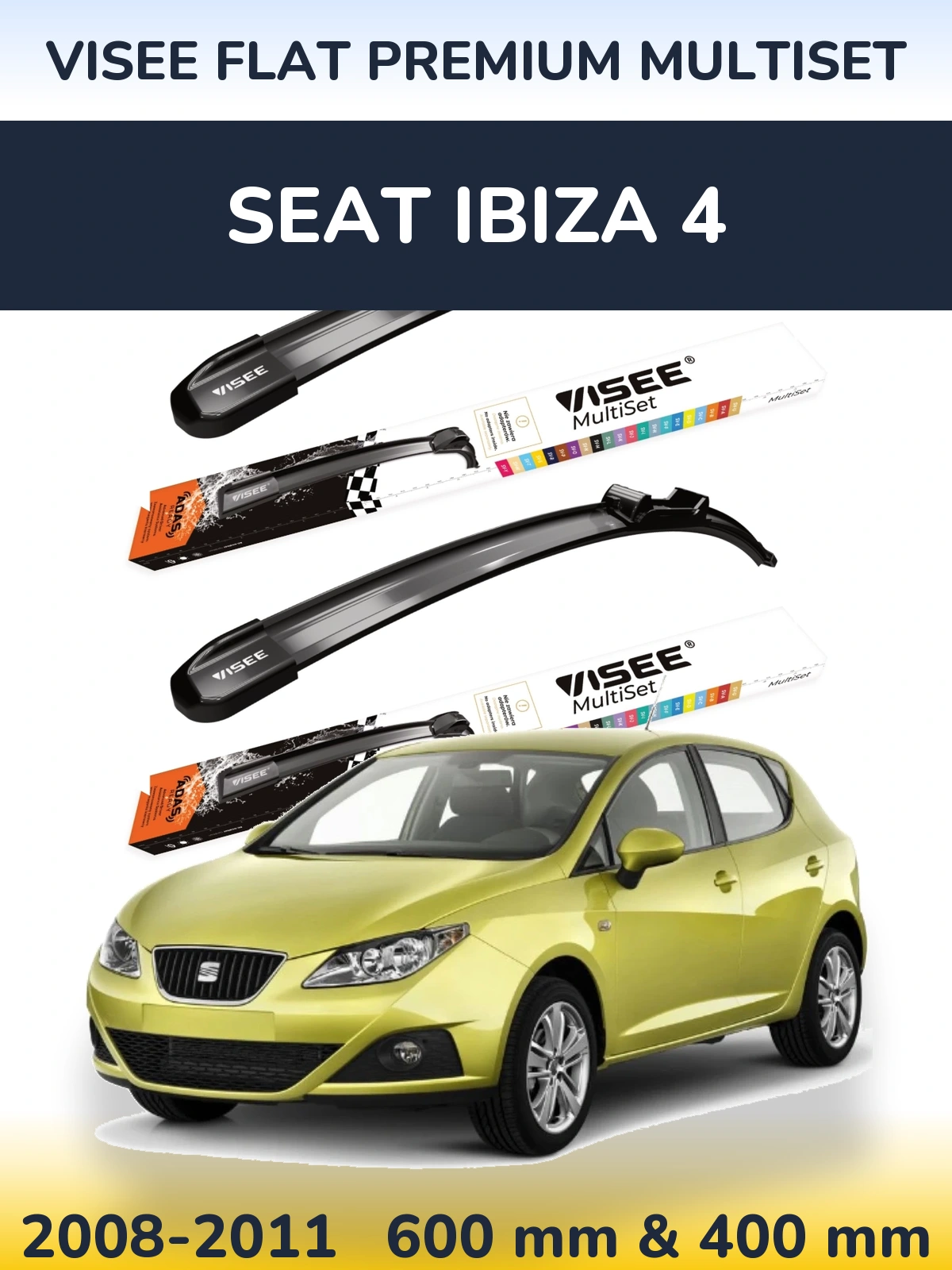 Front wiper blade set VISEE FLAT PREMIUM MultiSet 600 & 400 mm for SEAT Ibiza 4 2008-2011