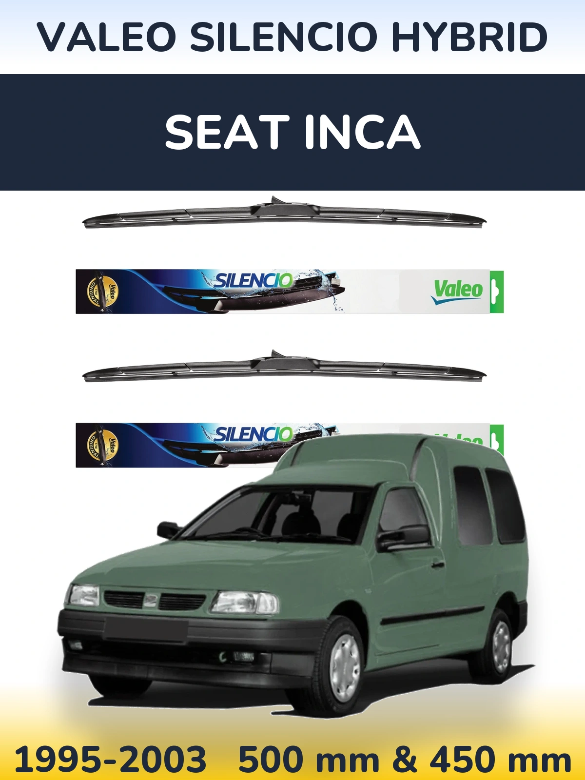 Front wiper blade set Valeo Silencio Hybrid 500 & 450 mm for SEAT Inca 1995-2003