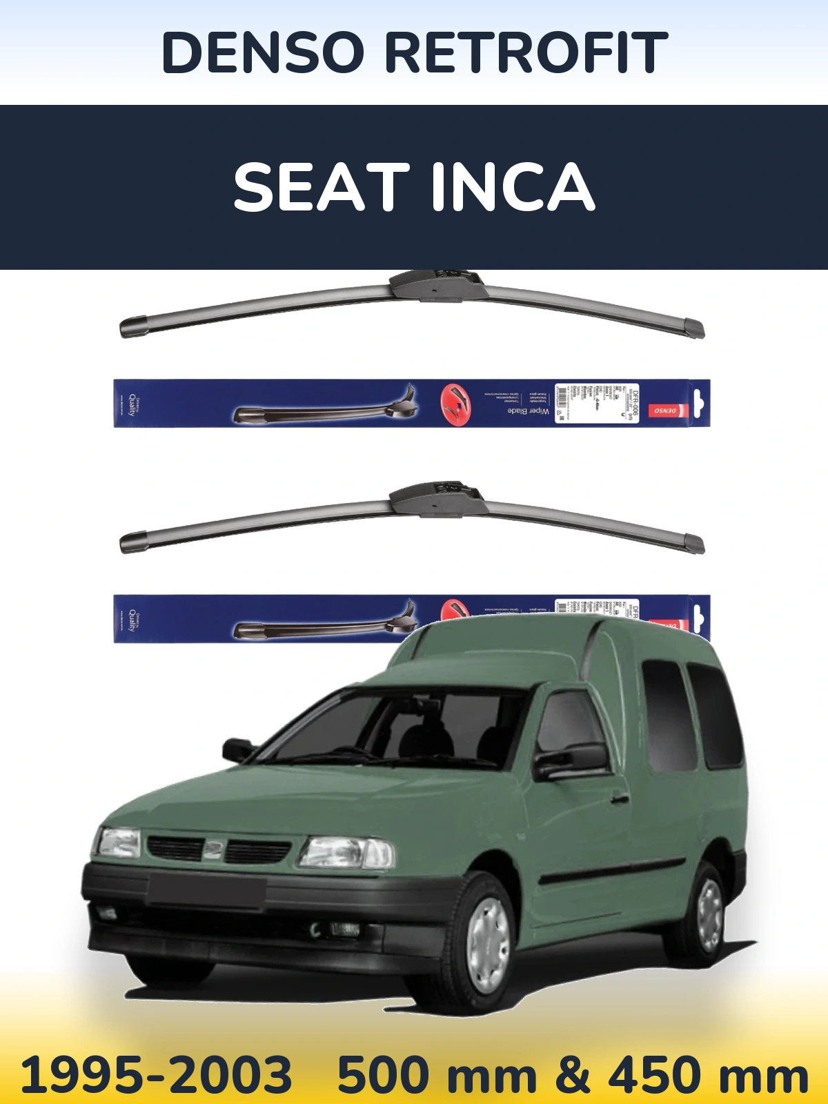 Front wiper blade set Denso Retrofit 500 & 450 mm for SEAT Inca 1995-2003