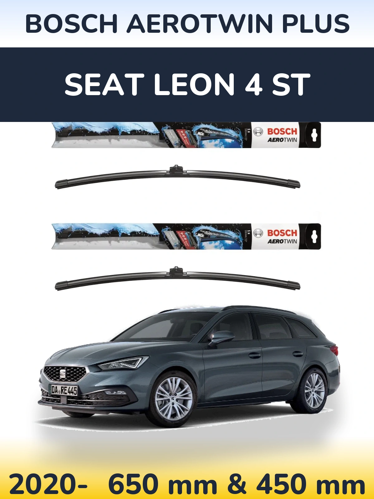 Комплект передніх щіток BOSCH AeroTwin Plus 650 & 450 мм для SEAT Leon 4 ST 2020-2026