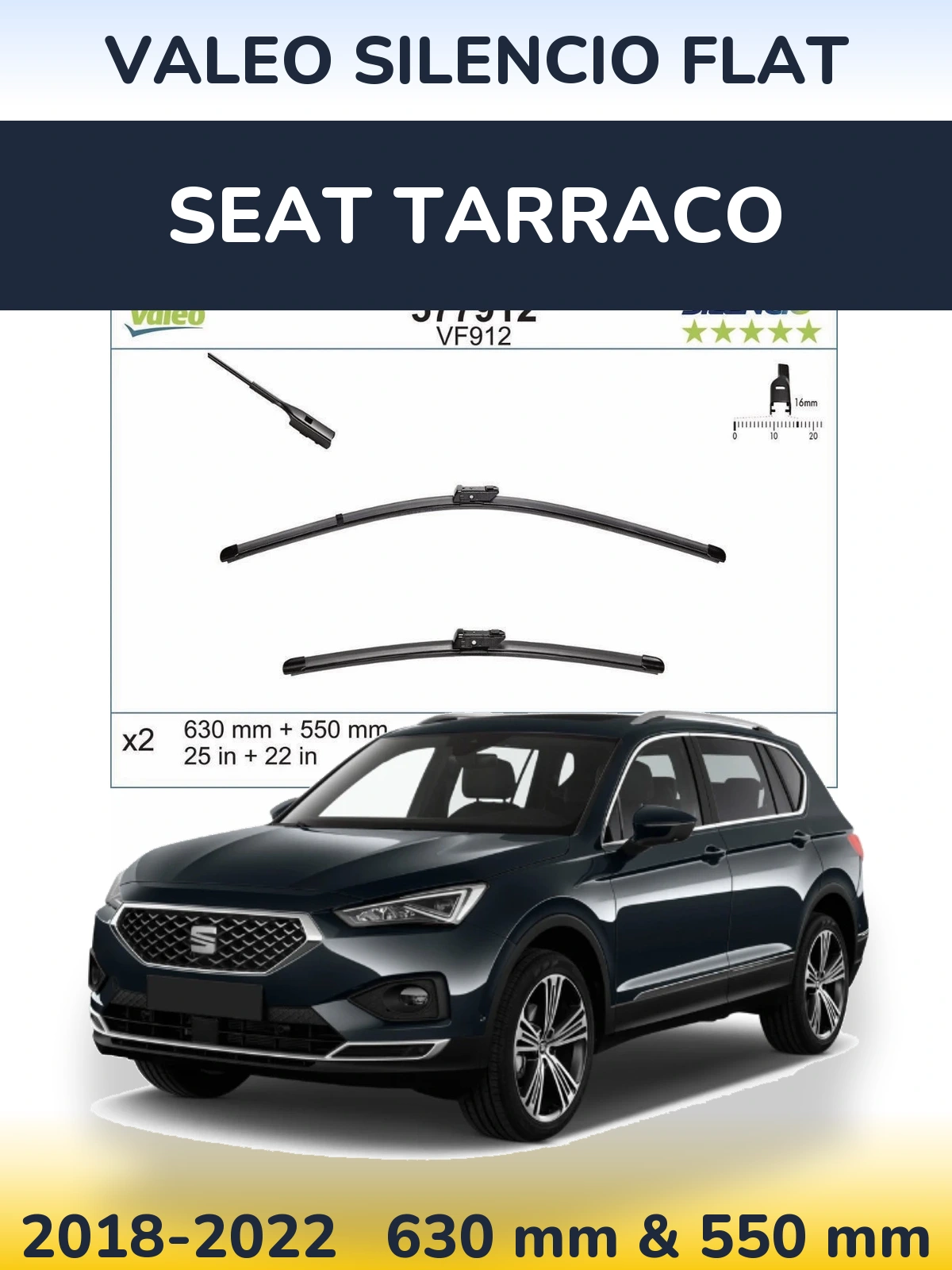 Front wiper blade set Valeo Silencio Flat 630 & 550 mm for SEAT Tarraco 2018-2022