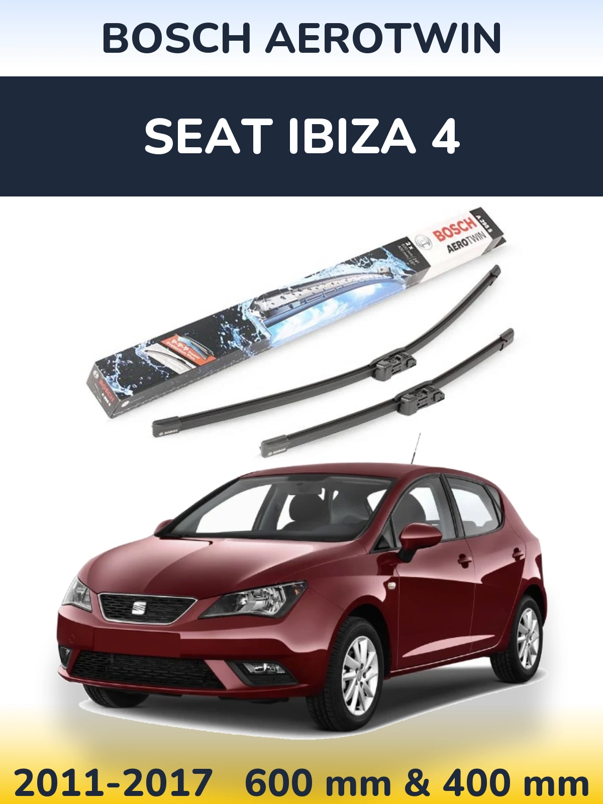 Front wiper blade set BOSCH AeroTwin 600 & 400 mm for SEAT Ibiza 4 2011-2017