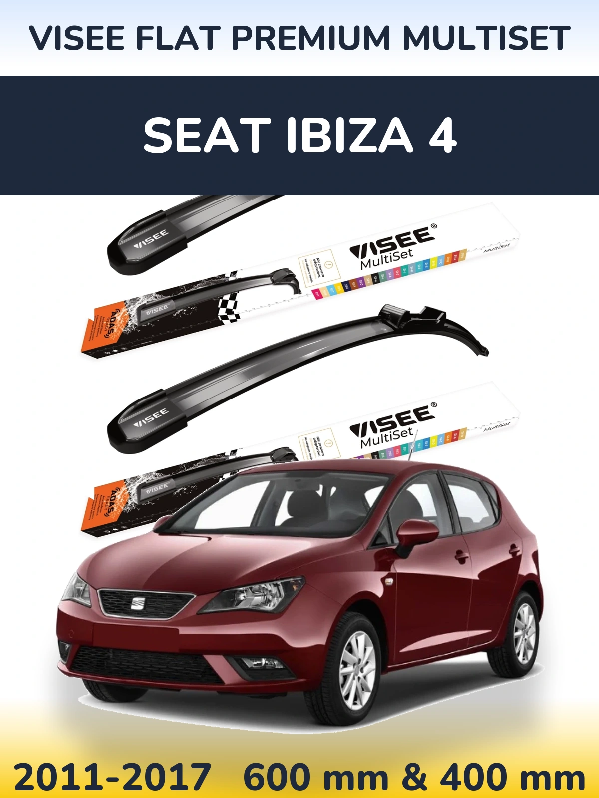Front wiper blade set VISEE FLAT PREMIUM MultiSet 600 & 400 mm for SEAT Ibiza 4 2011-2017