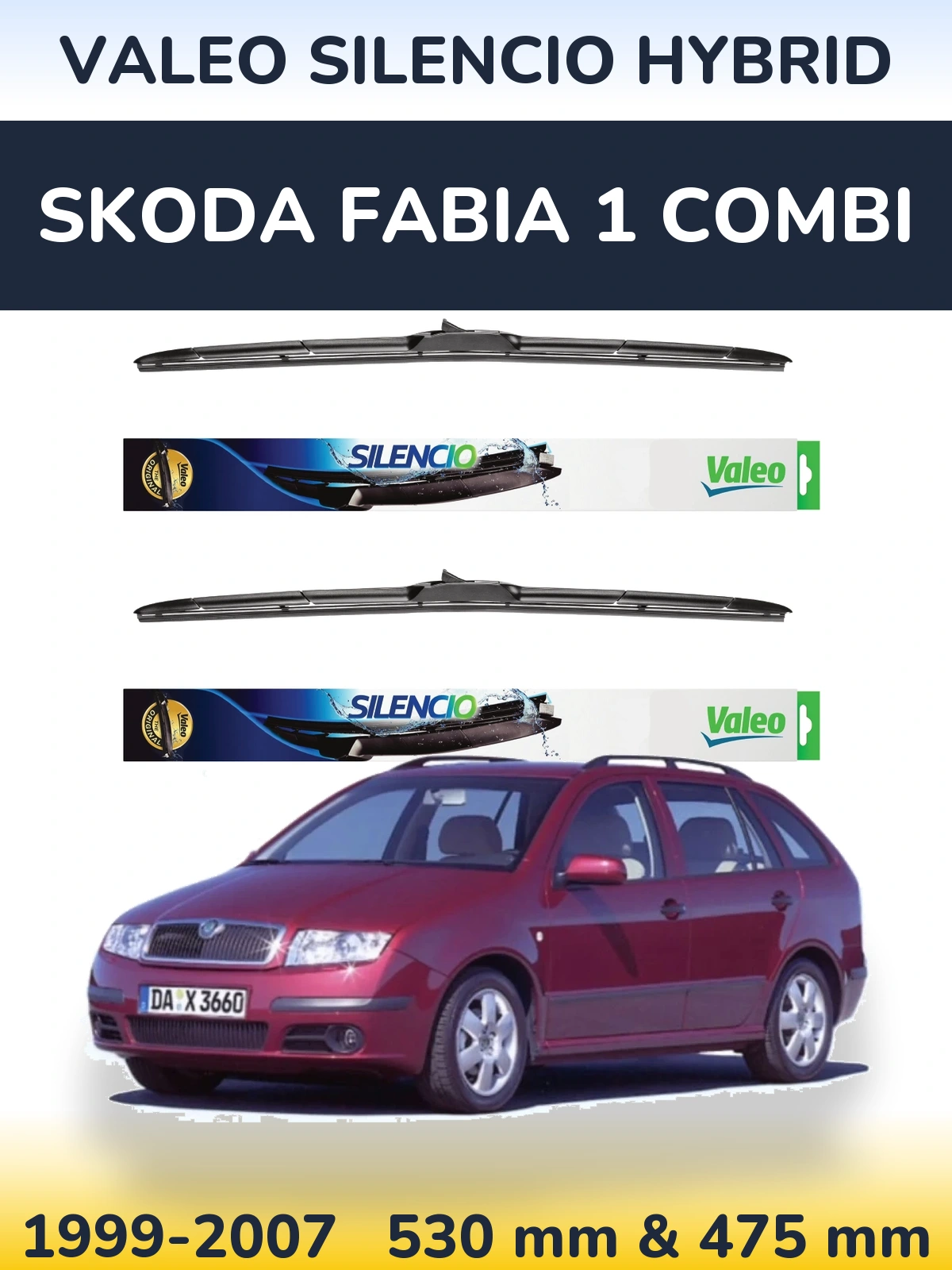 Front wiper blade set Valeo Silencio Hybrid 530 & 475 mm for Skoda Fabia 1 Combi 1999-2007