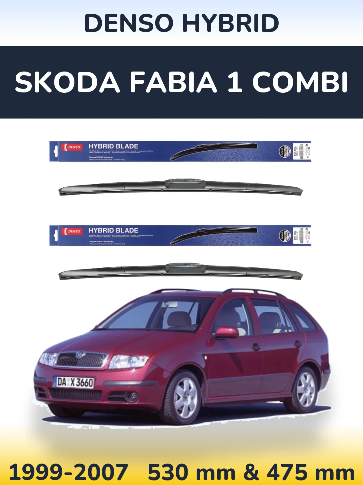Front wiper blade set Denso Hybrid 530 & 475 mm for Skoda Fabia 1 Combi 1999-2007