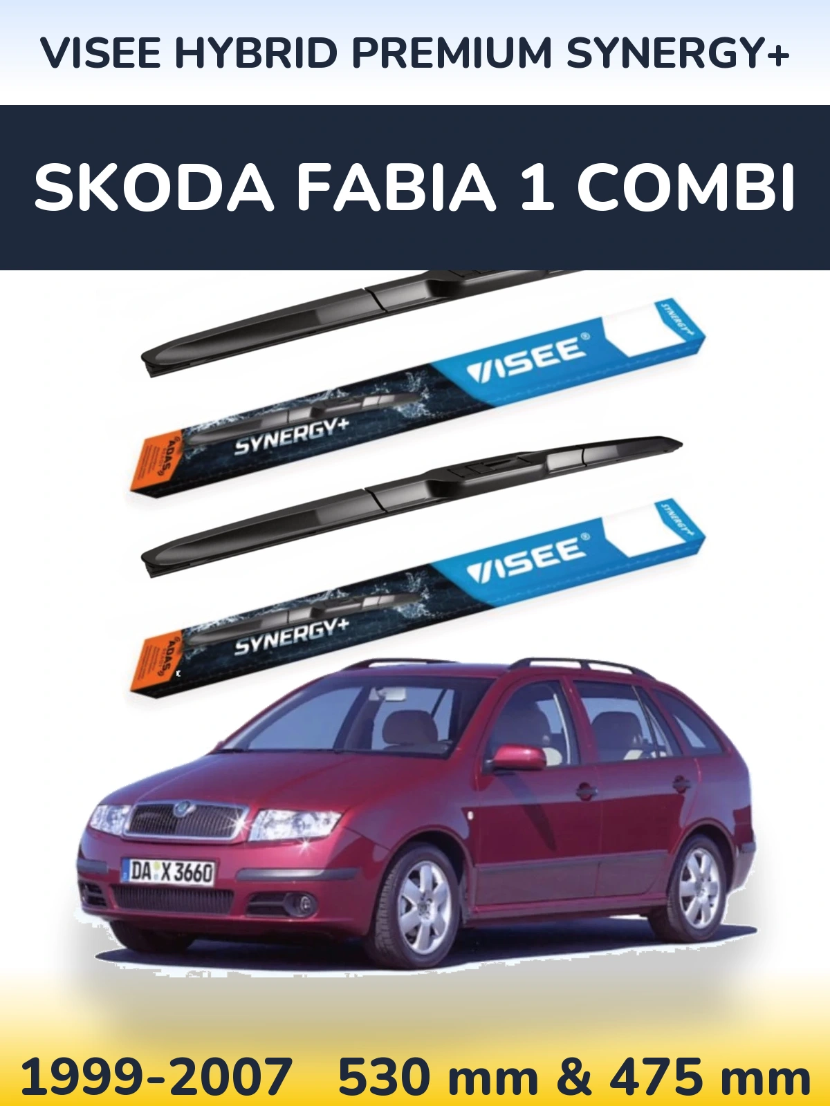 Front wiper blade set VISEE HYBRID PREMIUM SYNERGY+ 530 & 475 mm for Skoda Fabia 1 Combi 1999-2007