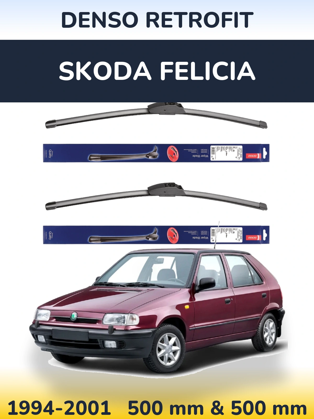 Front wiper blade set Denso Retrofit 500 & 500 mm for Skoda Felicia 1994-2001