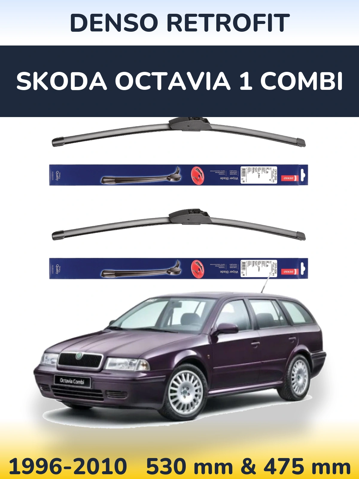 Front wiper blade set Denso Retrofit 530 & 475 mm for Skoda Octavia 1 Combi 1996-2010