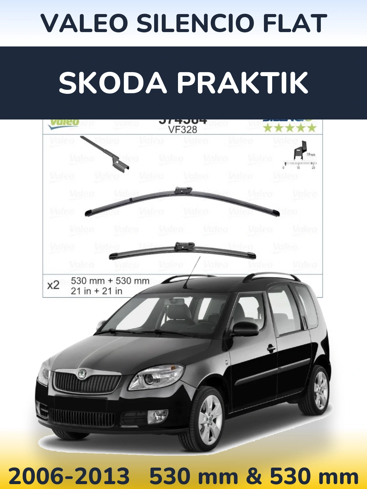 Front wiper blade set Valeo Silencio Flat 530 & 520 mm for Skoda Praktik 2006-2013