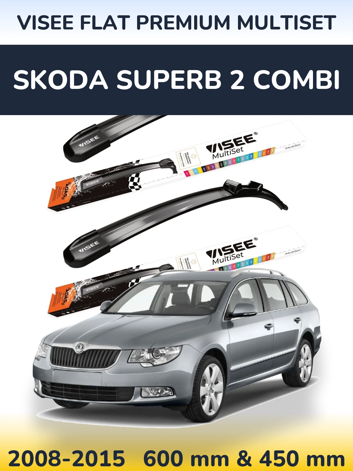 Front wiper blade set VISEE FLAT PREMIUM MultiSet 600 & 450 mm for Skoda Superb 2 Combi 2008-2015